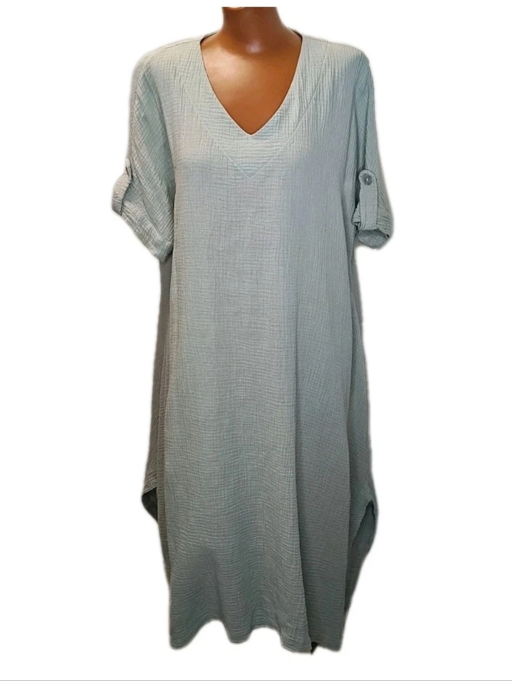Fiaga Lagenlook Dolman Shirt Dress Sage Crinkle Gauze Asymmetrical Hem Coastal